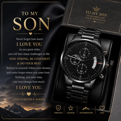To My Son - Card Black Chronograph Watch with Engraving