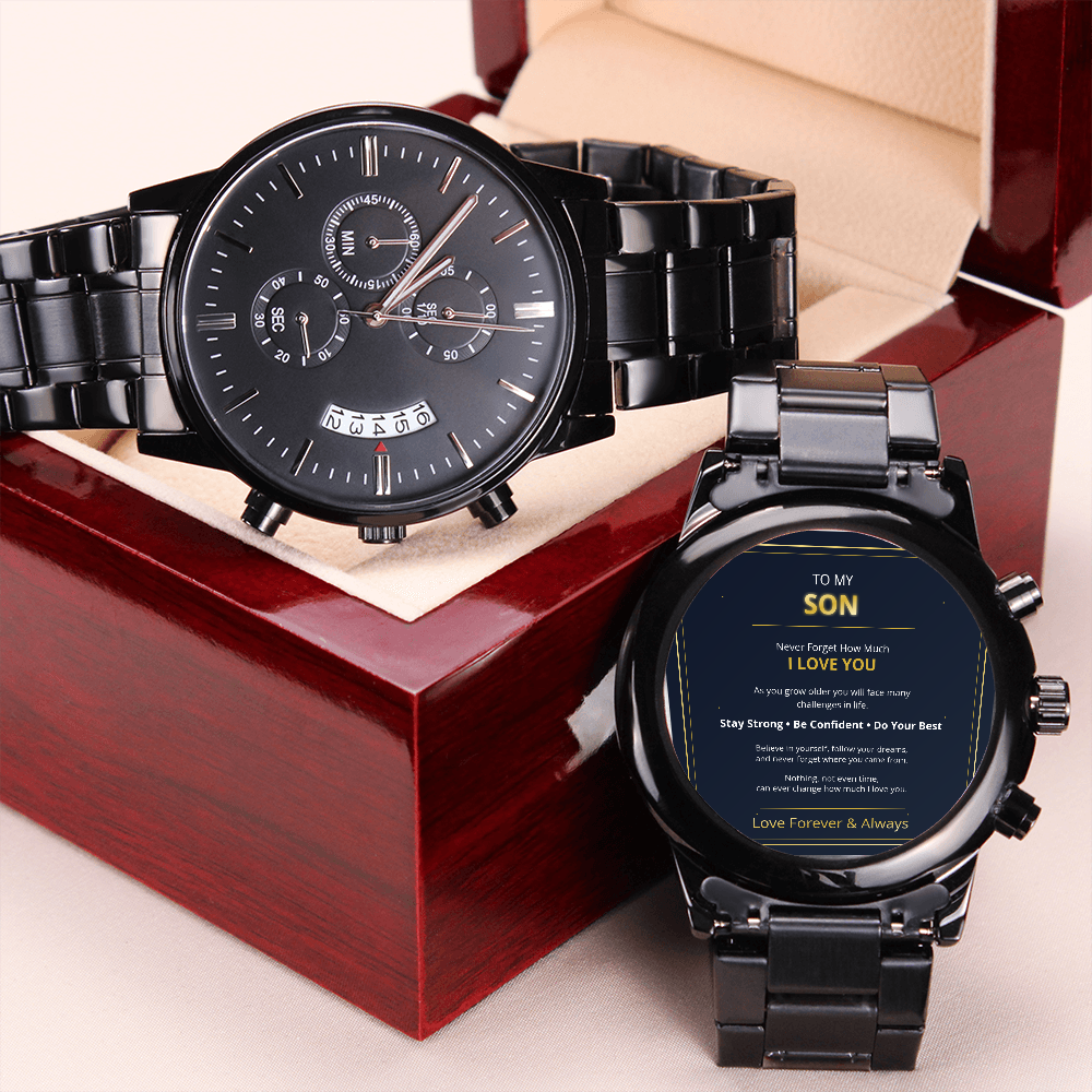 To My Son - Card Black Chronograph Watch with Engraving