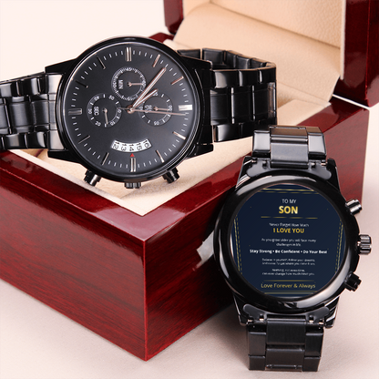 To My Son - Card Black Chronograph Watch with Engraving