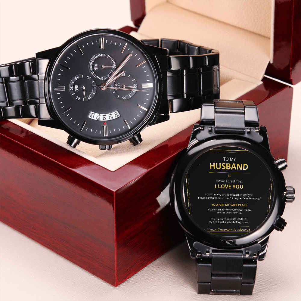 To My Husband -  Non-Message Card Black Chronograph Watch with Engraving