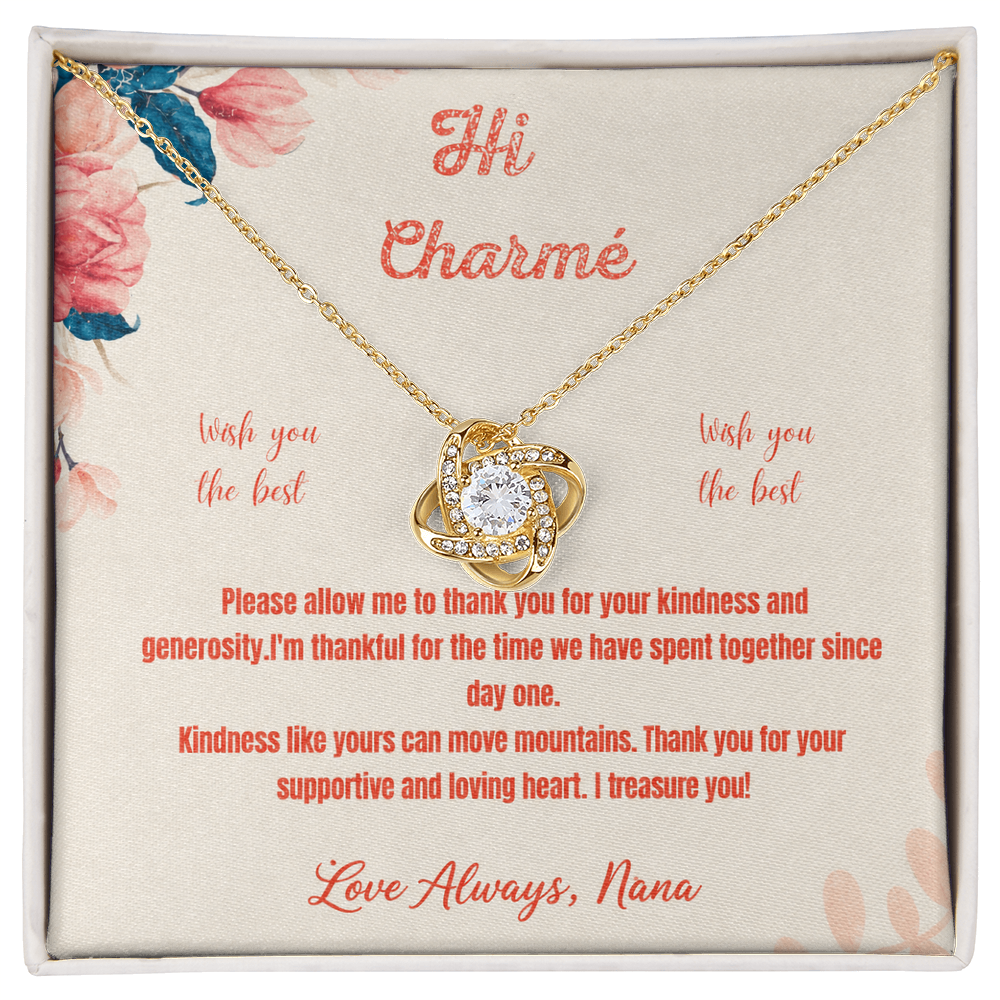 To My Char-me Love Knot Necklace | love knot necklace gift for her | meaningful necklace with heart pendant | romantic necklace for wife or partner | elegant intertwined love knot jewelry | heartfelt love necklace gift | beautiful necklace for special occasions | sentimental jewelry gift for someone special | To My Char-me necklace with message card | meaningful jewelry gift expressing everlasting love
