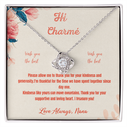 To My Char-me Love Knot Necklace | love knot necklace gift for her | meaningful necklace with heart pendant | romantic necklace for wife or partner | elegant intertwined love knot jewelry | heartfelt love necklace gift | beautiful necklace for special occasions | sentimental jewelry gift for someone special | To My Char-me necklace with message card | meaningful jewelry gift expressing everlasting love
