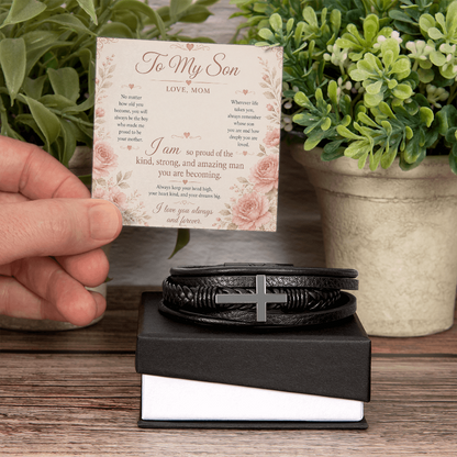 To My Son Men Cross Leather Bracket